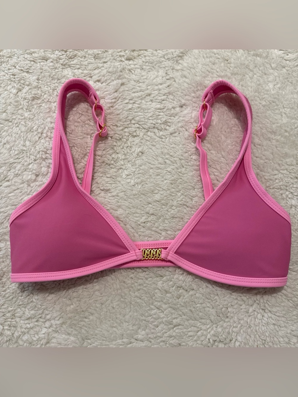 93 Play Street Poppy Pink Minimal “1993” Bikini Top with Gold Accent